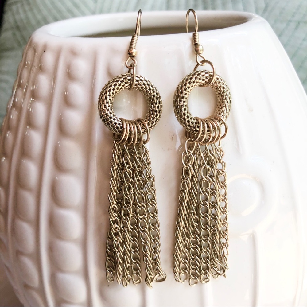 VINTAGE Gold Tone Tassel Chain Earrings Woven Mesh